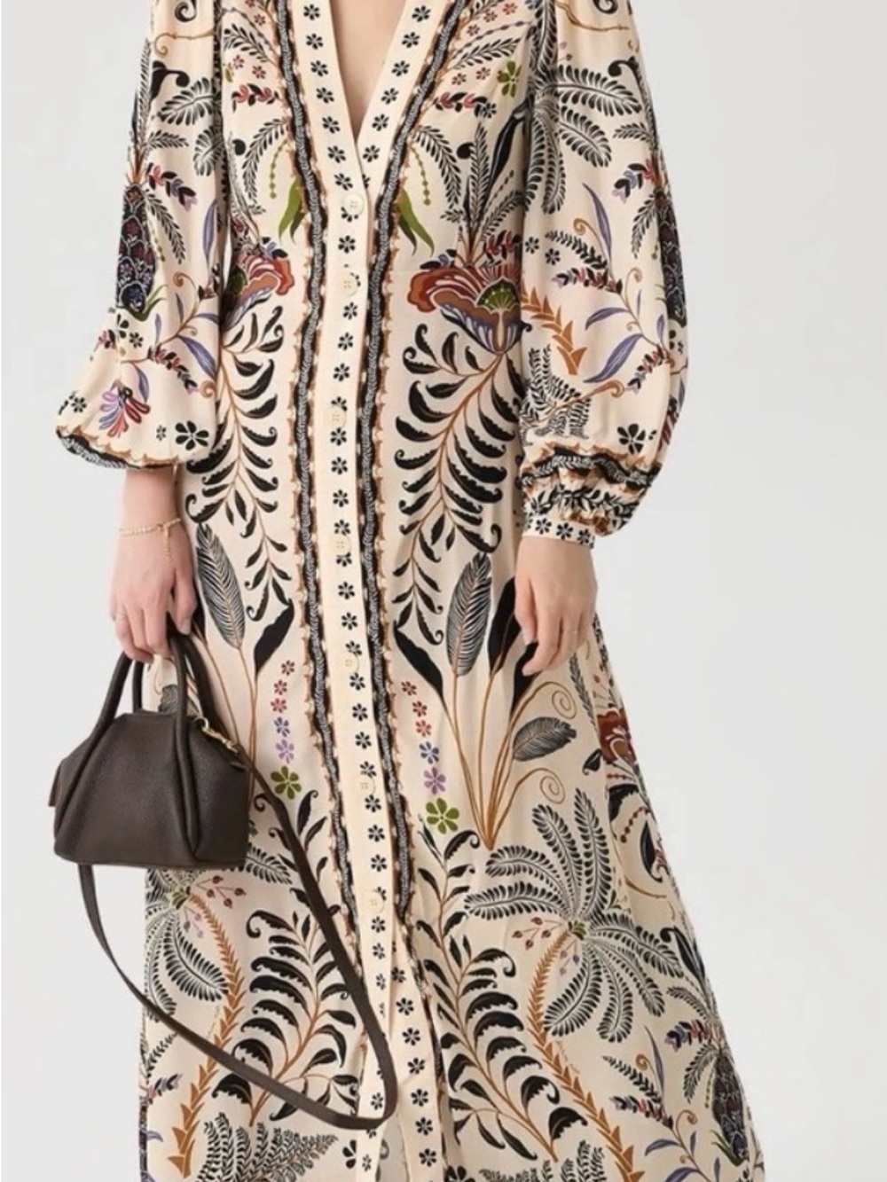 FARM Rio Cream Maxi Dress with Black Botanical Print and Multicolor Accents - Picture 2 of 10